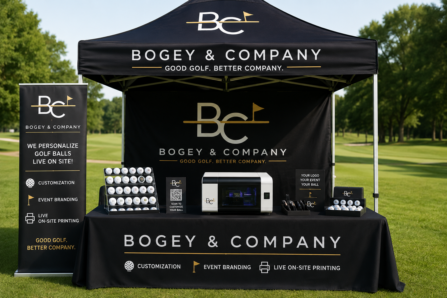 Bogey & Company tent at a premium golf outing with live custom ball printing