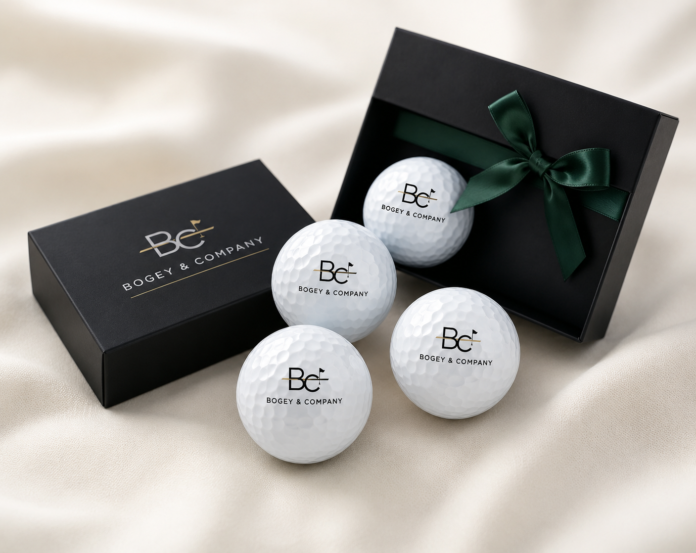 Bogey & Company branded golf ball gift set with black box and green ribbon