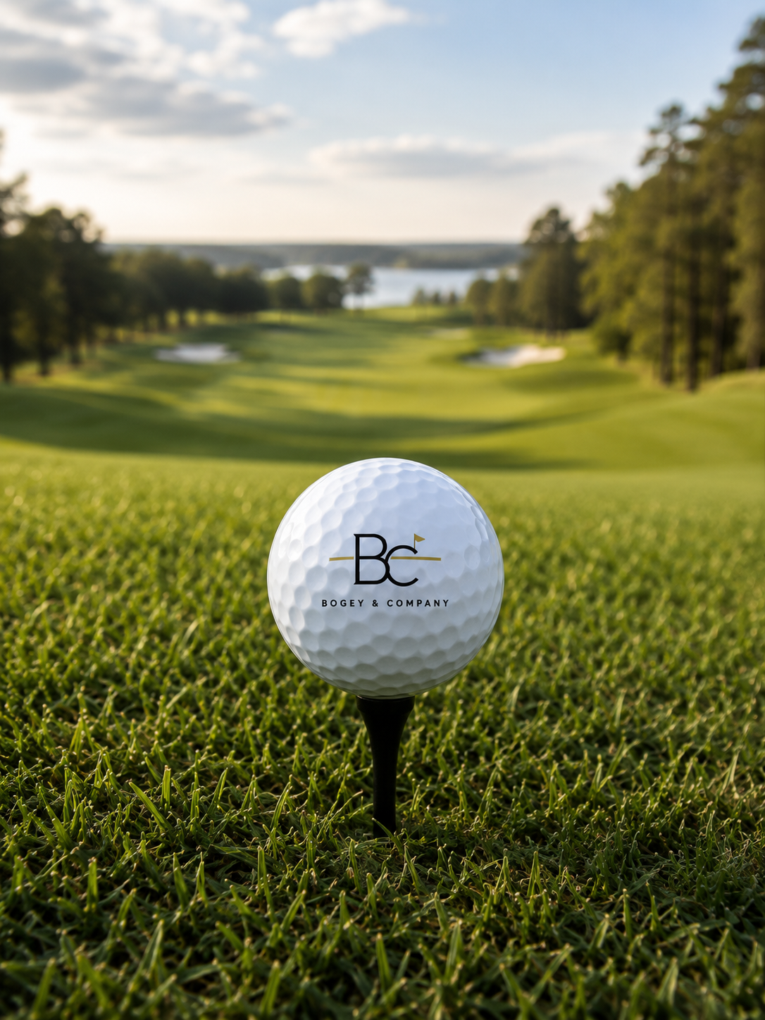 Custom Bogey & Company logo golf ball teed up on a scenic course
