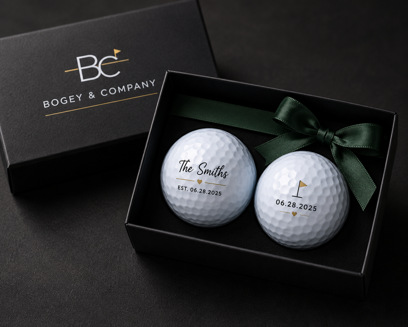 Personalized wedding monogram golf balls in a Bogey & Company gift box