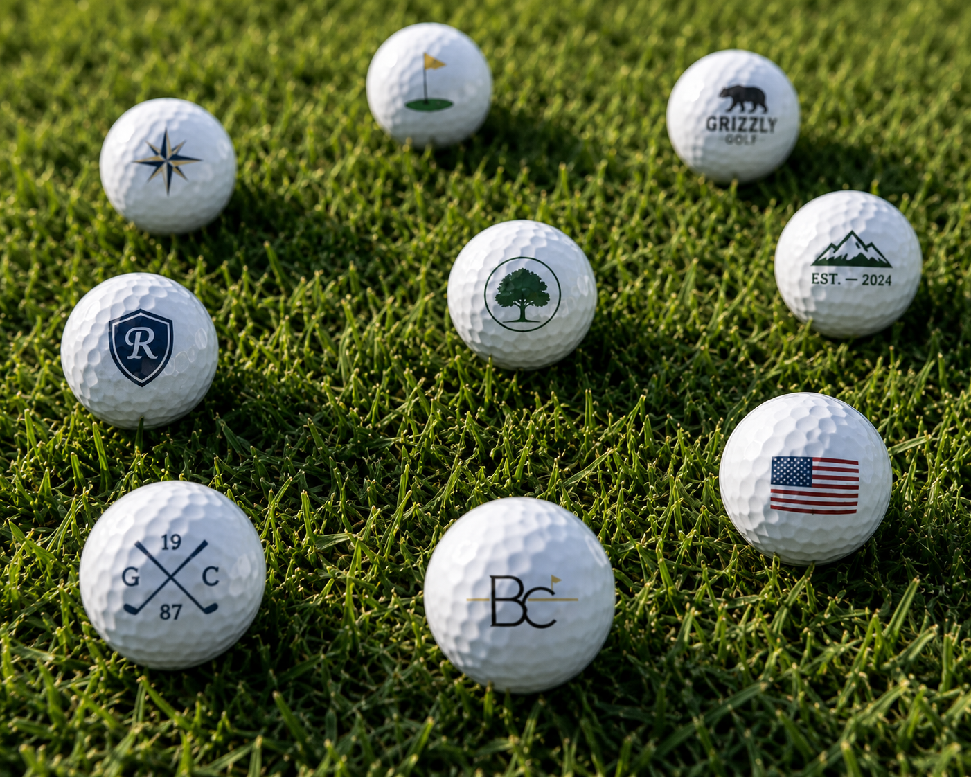 Custom printed golf balls with logos and monograms on fresh grass
