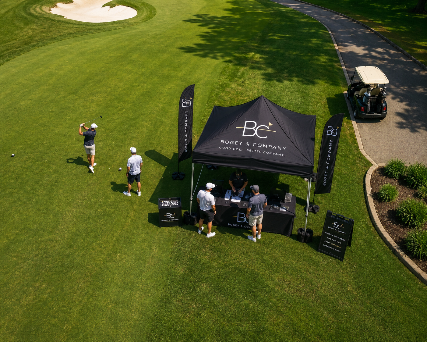 Bogey & Company event activation tent on a golf course